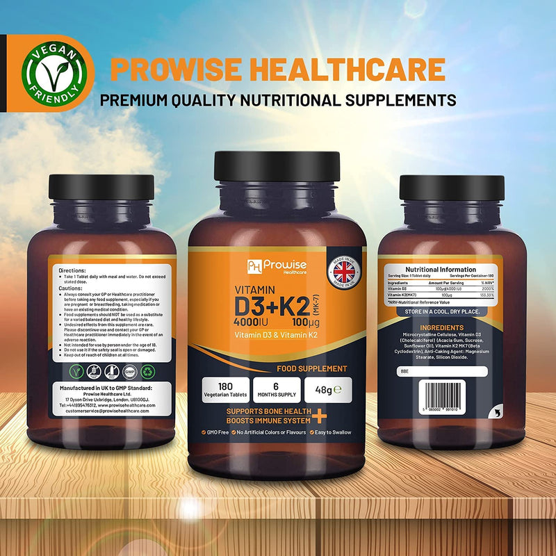 Vitamin D3 4000IU & K2 MK7 100µg Vegetarian Tablets I 180 ( 6 Months Supply) I Easy to Swallow Supplement for Immune Support, Calcium Boost, Bone & Muscle I Made in The UK by Prowise Healthcare - NewNest Australia