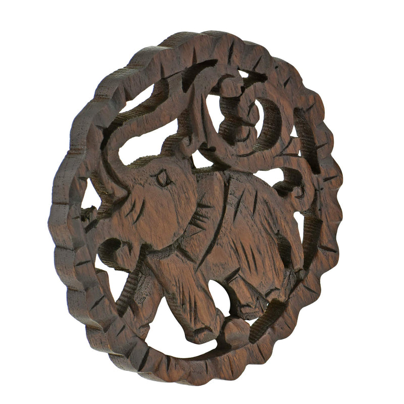 NewNest Australia - Powerful and Majestic Elephant Hand Carved 6-inch Round Teak Wood Wall Art 