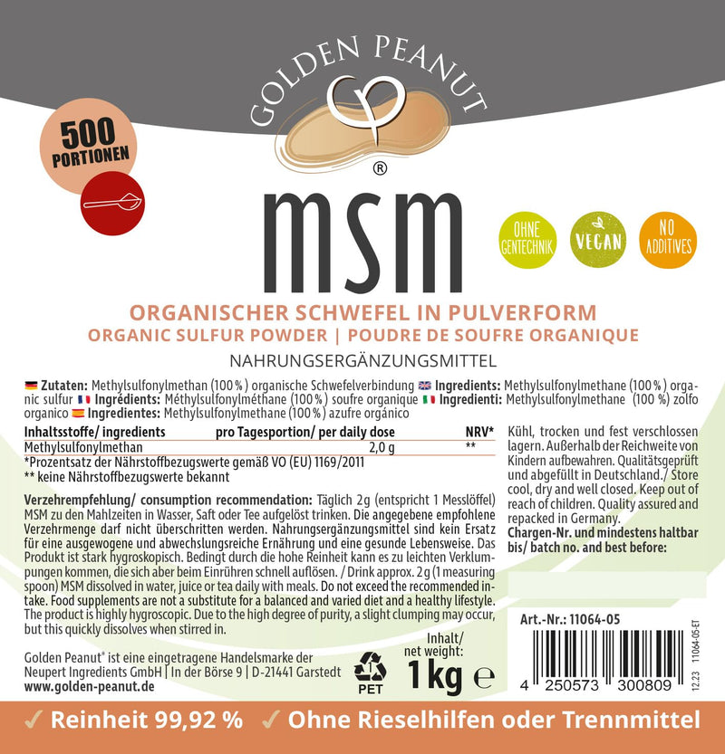 GOLDEN PEANUT MSM methylsulfonylmethane powder 1 kg - purity 99.92%, nutritional supplement, without anti-caking aids 1 kg (pack of 1) - NewNest Australia