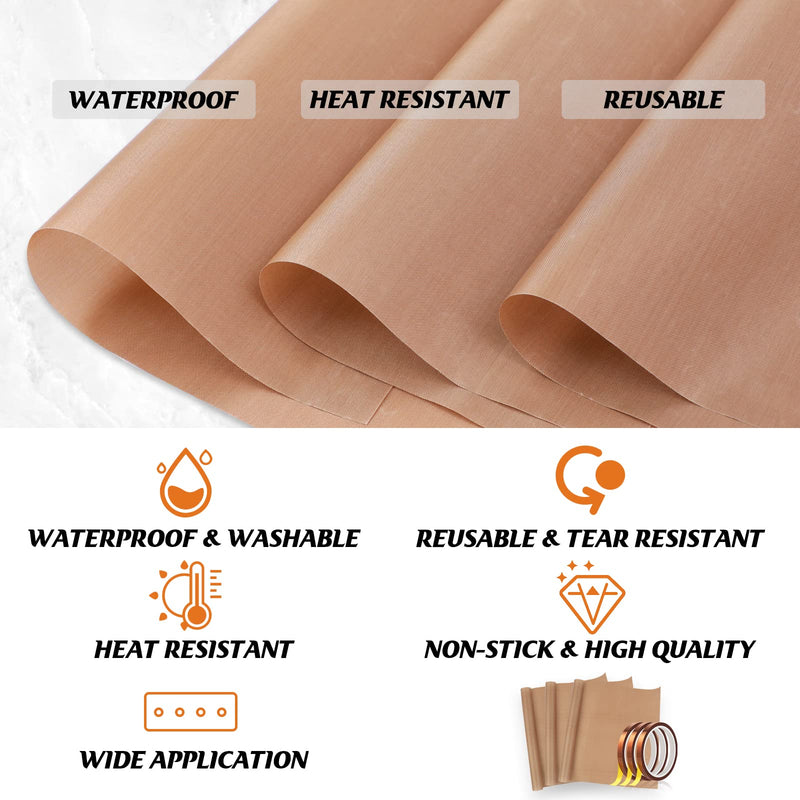 HTVRONT Teflon Sheets for Heat Press - 3 Packs 12" x 16" Teflon Sheets with 3 Rolls 10mm x 33m Heat Tape for Sublimation Non-Stick Teflon Sheet Heat Resistant (Brown) BROWN - NewNest Australia