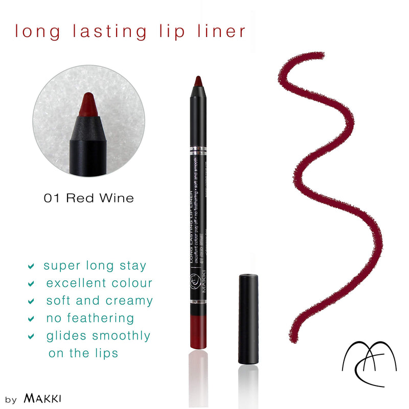 Red Wine Makki Long Lasting Lip Liner glide pencil intense colour creamy no feathering smooth glide with a very unique texture, long lasting, excellent coverage 01 Red Wine - NewNest Australia