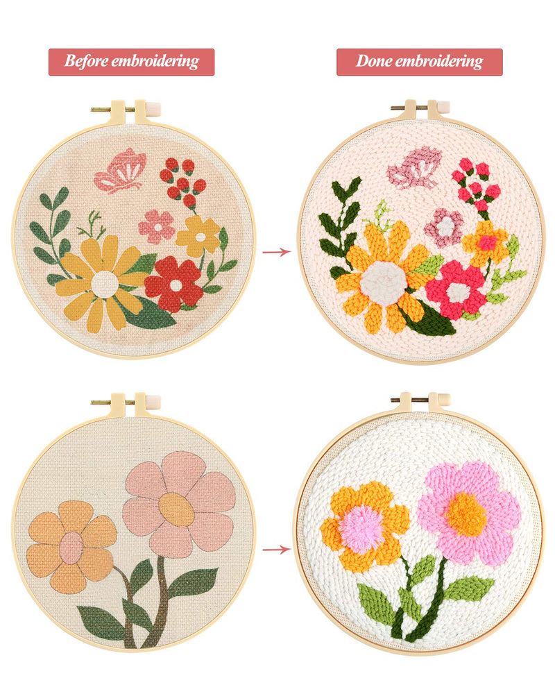 Pllieay 2 Set Punch Needle Embroidery Starter Kits Include Instructions, Punch Needle Fabric with Pattern, Yarns, Embroidery Hoops for Rug-Punch & Pinch Needle Flowers - NewNest Australia