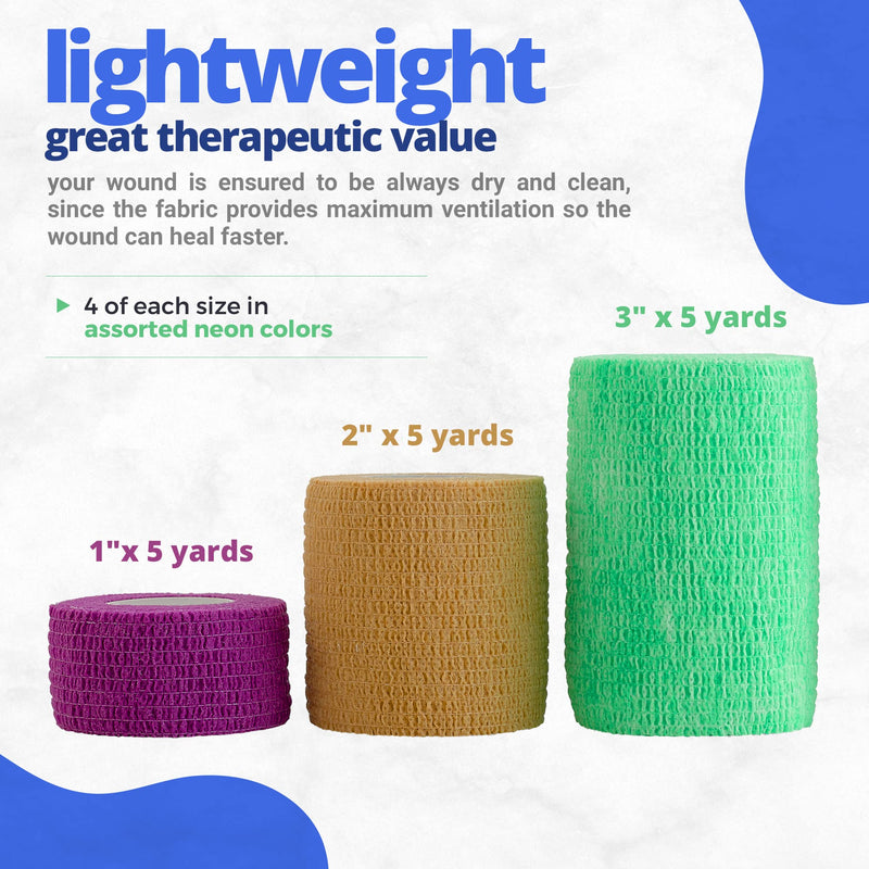 Self Adhesive Cohesive Tape Rolls - Pack Of 12-2.5 Cm, 2 Inch, 3 Inch X 1.5 M Self Adhesive Bandage Rolls And Sports Bandage For Ankle, Wrist, Sprains And Swelling - NewNest Australia