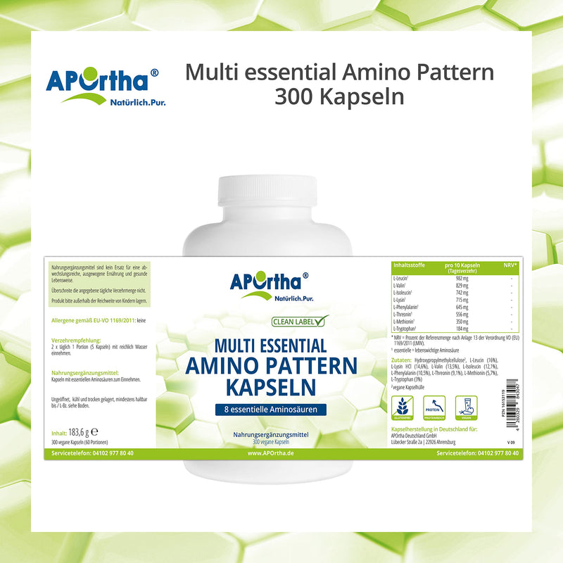 Aportha Multi Essential Amino Pattern I 300 Capsules With 8 Essential Amino Acids According To Prof. Dr. Luc√†-Moretti For Optimized Protein Supply, Amino Acids Complex High Dose Eaa Vegan - NewNest Australia