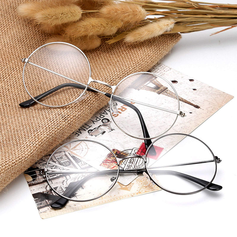 TRIXES glasses with round lenses - Beatles retro sixties style clear glass lenses - round glasses as a costume addition, cosplay, retro parties, geek glasses accessories for dressing - classic vintage silver - NewNest Australia