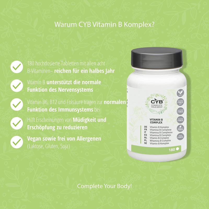 CYB Complete your Body vitamin B complex, high dose with all eight B vitamins, vegan, 1 x 180 tablets - NewNest Australia