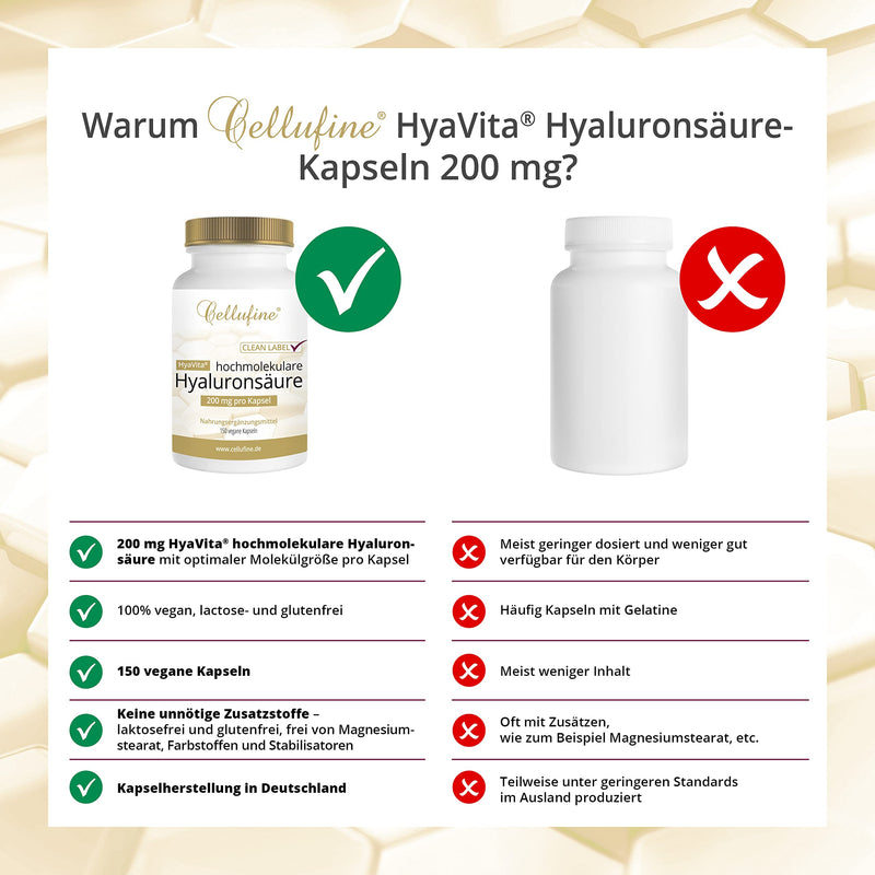 Cellufine® HyaVita Hyaluronic Acid 150 capsules - high dose, high molecular weight, gluten-free, vegan - 150 gluten-free capsules with HyaVita Hyaluronic Acid I natural & without preservatives - NewNest Australia