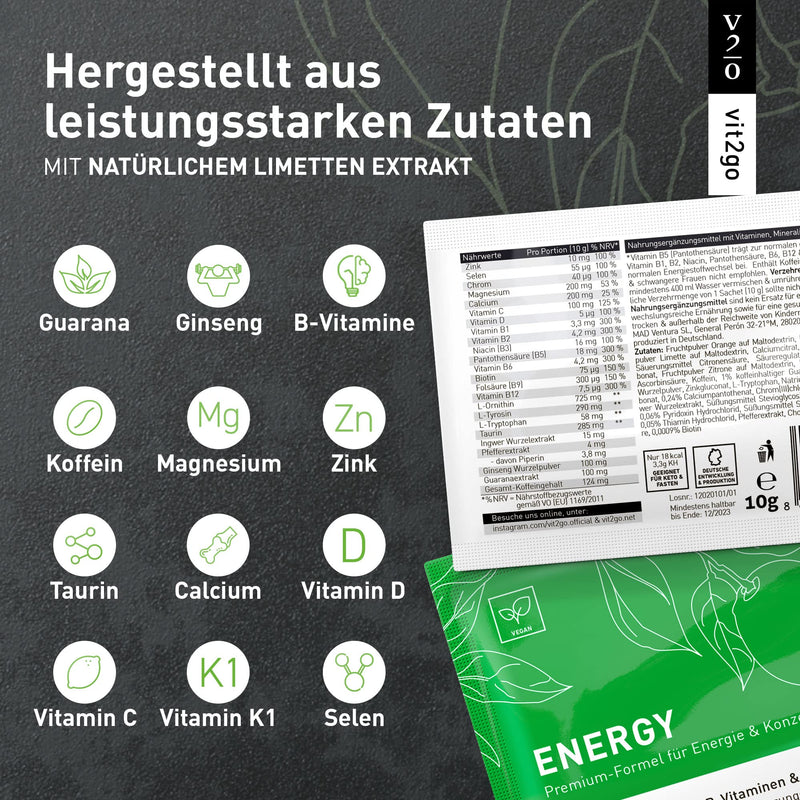 Vit2Go Energy Powder Drink With Caffeine Shot (124 Mg), Taurine And Guarana, Energy Drink Powder Against Fatigue, Concentration Booster With Vitamin B Complex (30 Sachets) - NewNest Australia