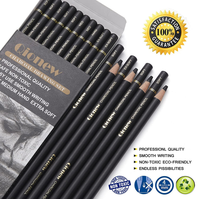 Qionew Professional Charcoal Pencils Drawing Set - 10 Pieces Ex-Soft, Soft, Medium & Hard Charcoal Pencils for Drawing, Sketching, Shading, Ideal Artist Pencils for Beginners & Artists - NewNest Australia