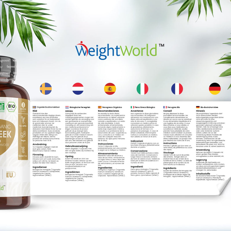 Organic Fenugreek 180 Capsules - 750Mg Per Capsule - 3 Month Supply - Fenugreek Seeds Vegan Dietary Supplement - Fenugreek Seed - Certified Organic - Without Magnesium Stearate - Weightworld - NewNest Australia