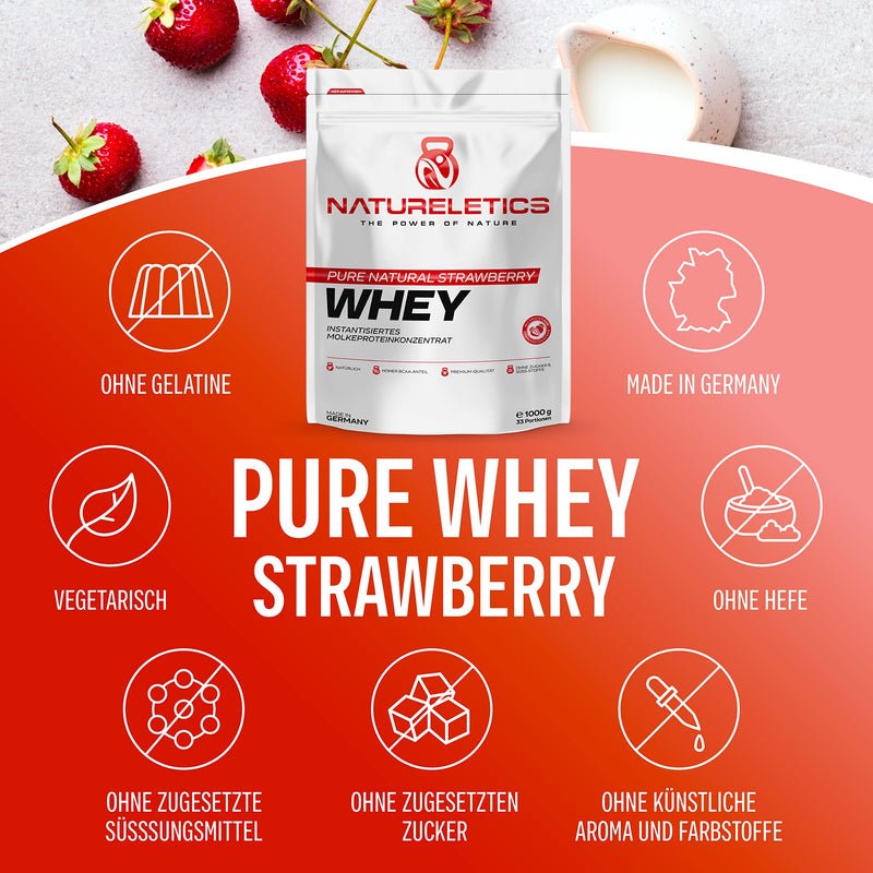 Natureletics Strawberry 1 Kg Natural Premium Whey Protein Powder From Germany Without Added Sugar Sweeteners, Protein Powder With A High Bcaa Content Of 22.6% - NewNest Australia