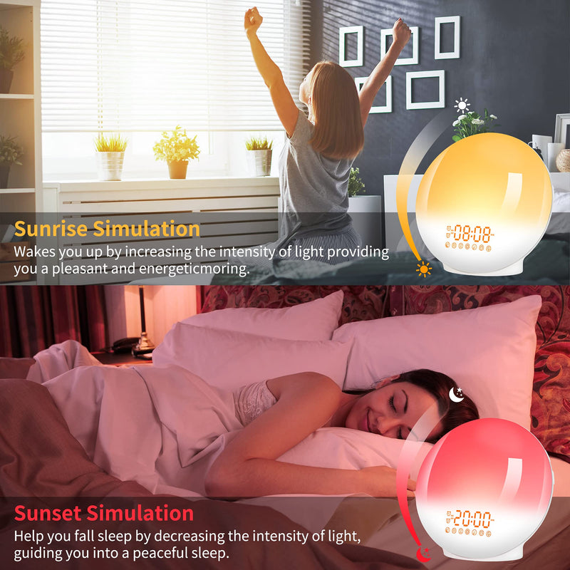 Artinabs Daylight Alarm Clock Light Wake Up Light Sunrise Sunset Simulation Alarm Clock Radio 7 Natural Sounds 2 Alarms Snooze 7 Color Light 20 Brightness Bedside Lamp Adults, Children - NewNest Australia