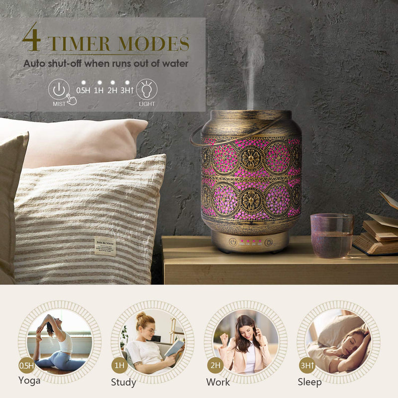 SALKING Metal Essential Oils Diffuser,100ml Vintage Aromatherapy Diffuser Ultrasonic Oil Diffusers Humidifier with 7 Colour Night Light, Waterless Auto Shut-Off, Timer for Home Bedroom Gold - NewNest Australia
