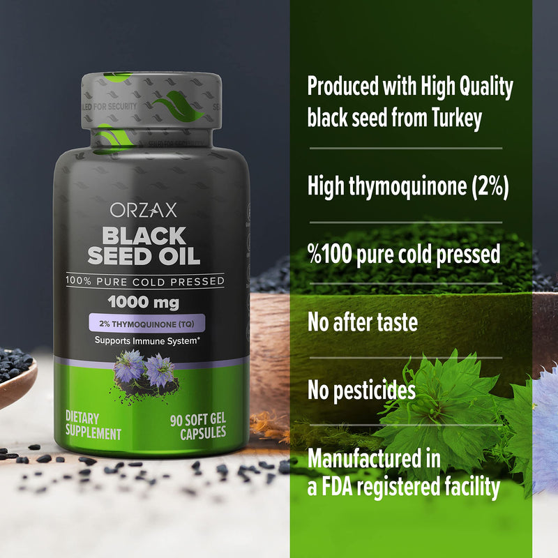 ORZAX Black Seed Oil Capsules, 90 Days Supply, 2% Thymoquinone, Non-GMO, Gluten Free, Cold Pressed Black Cumin Pills, Nigella Sativa Supports Immune System, Joints, Hair Growth, Skin - NewNest Australia