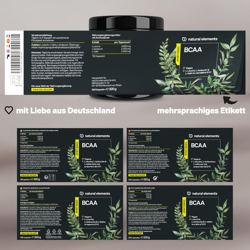 Bcaa - 360 Small Capsules - Essential Amino Acids - Leucine, Isoleucine & Valine - Highly Bioavailable 2:1:1 Ratio - Vegan, High Dose, No Unnecessary Additives - Produced In Germany - NewNest Australia