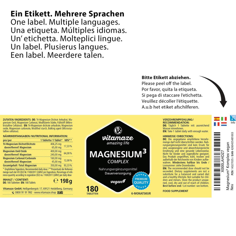 Magnesium complex, 350 mg elemental magnesium in 1 tablet, 180 high-dose vegan tablets with 24-hour depot effect, magnesium citrate carbonate oxide without additives, Made in Germany - NewNest Australia