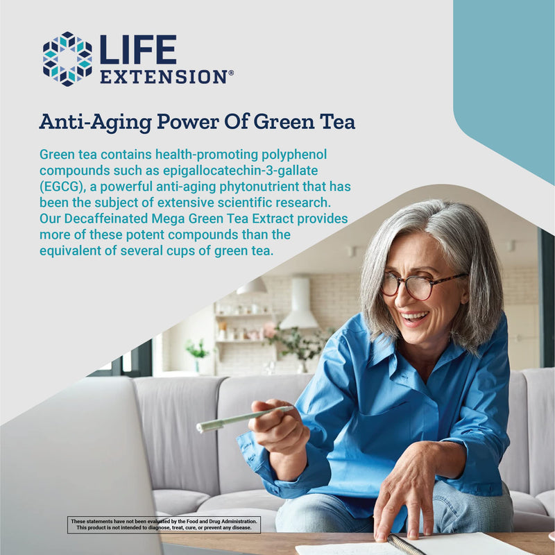 Life Extension Decaffeinated Mega Green Tea Extract -For Cholesterol Management, Cellular + Cardiovascular & Cognitive Health -Rich in Polyphenols - Gluten Free, Non-GMO - 100 Vegetarian Capsules 100 Count (Pack of 1) - NewNest Australia