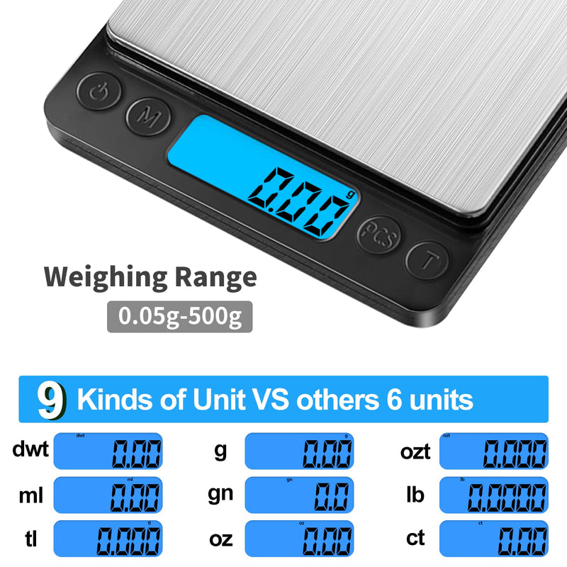 Gram Scale Small Digital Mini Scale for Ounces, 500g x 0.01g Accuracy, Kitchen Scale for Baking,Jewelry, Herbs, Seasoning,9 Units Conversion,Tare Function,2 Trays Included,5 Years Warranty,Black Black - NewNest Australia