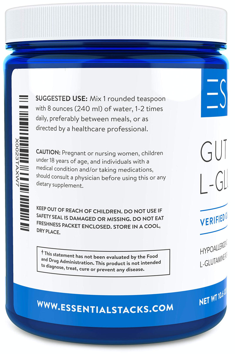 Essential Stacks Gut L-Glutamine Powder - Gluten, Dairy & Soy Free, Vegan, Non-GMO & Hypoallergenic with 3rd Party Allergen Testing, Pure Unflavored L Glutamine Powder for Optimal Gut Health - NewNest Australia