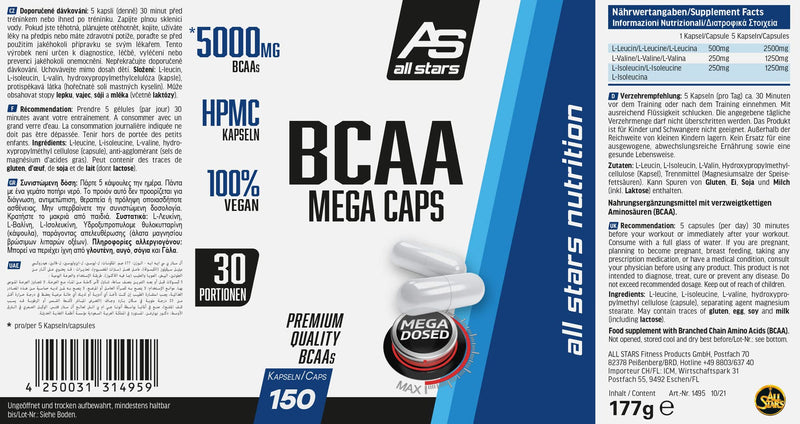 All Stars Bcaa Mega Caps, Branched Chain Amino Scids, 150 Bcaa Capsules, Vegan, 1000 Mg Bcaas Per Capsule With L-Leucine + L-Valine + L-Isoleucine, Supplement Without Gelantine, Low Fat And Sugar - NewNest Australia