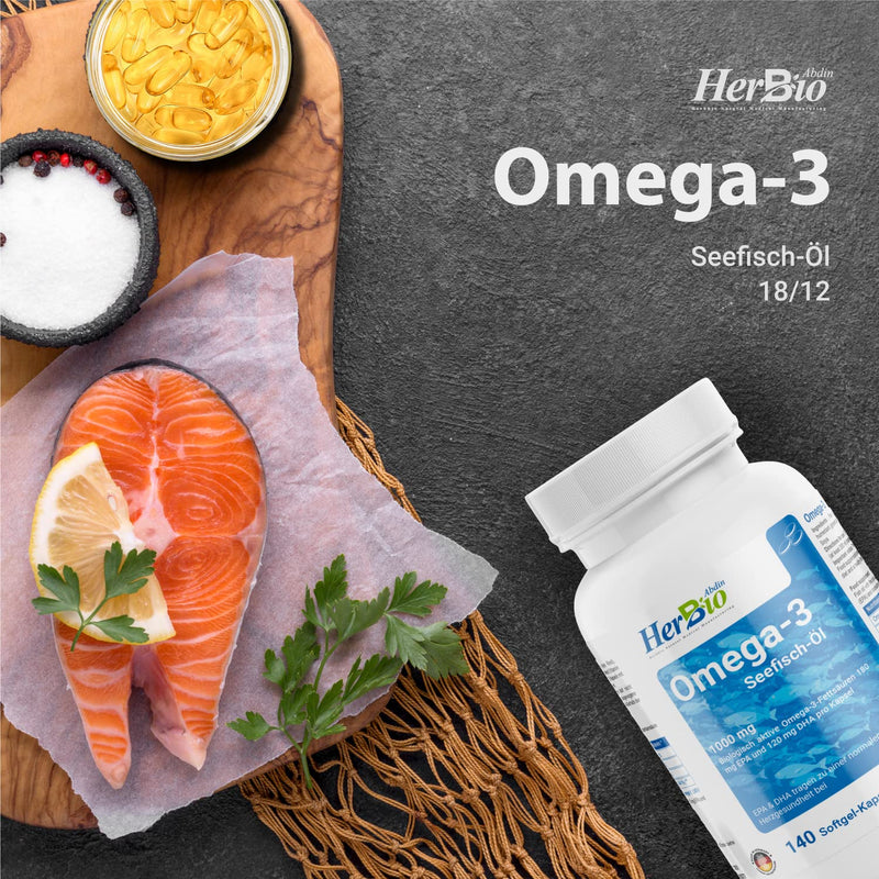Herbbio Omega-3 Capsules High Dose - 140 Softgel Capsules With 1000Mg Fish Oil, 180Mg Epa And 120Mg Dha Per Capsule, Omega-3 Fatty Acids, Halal Certified, 100% Beef Gelatin, Made In Germany - NewNest Australia