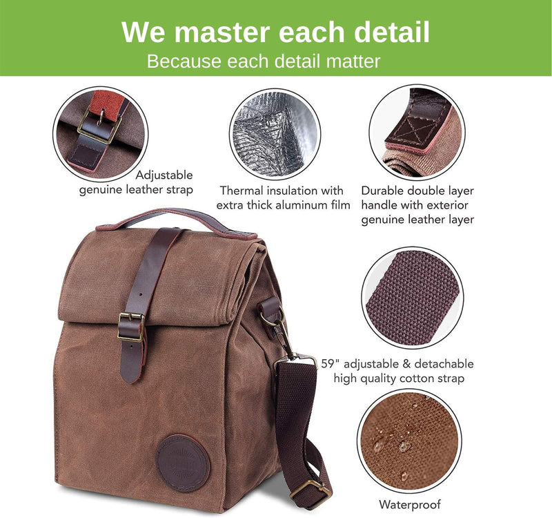 NewNest Australia - Insulated Waxed Canvas Lunch Bag by ASEBBO, Lunch Box for Women, Men with Genuine Leather Handle and Strong Buckle-Closure to Keep Your Food Cool, Lunch Tote with Adjustable Strap (Brown 2.0 IMPROVED) Brown 