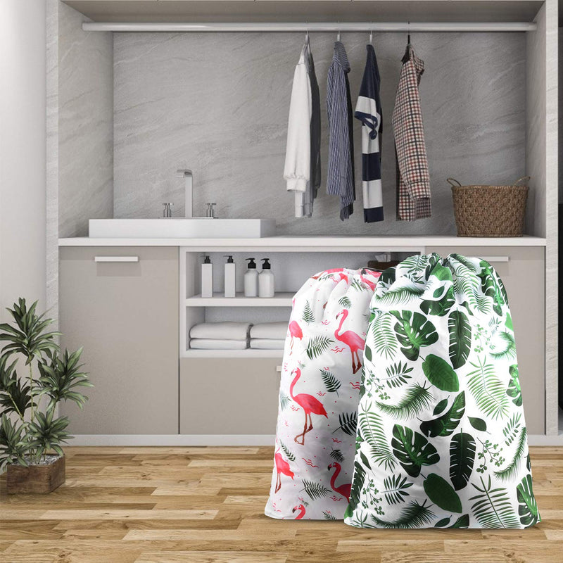 NewNest Australia - Nidoul 2 Pack Extra Large Laundry Bag, Heavy Duty Travel Laundry Bag, Drawstring Closure Dirty Clothes Bag, Durable Rip-Stop Bags for Camp Travel, Machine Washable 24" x 36" Flamingo+green Leaves 24" x 36" 