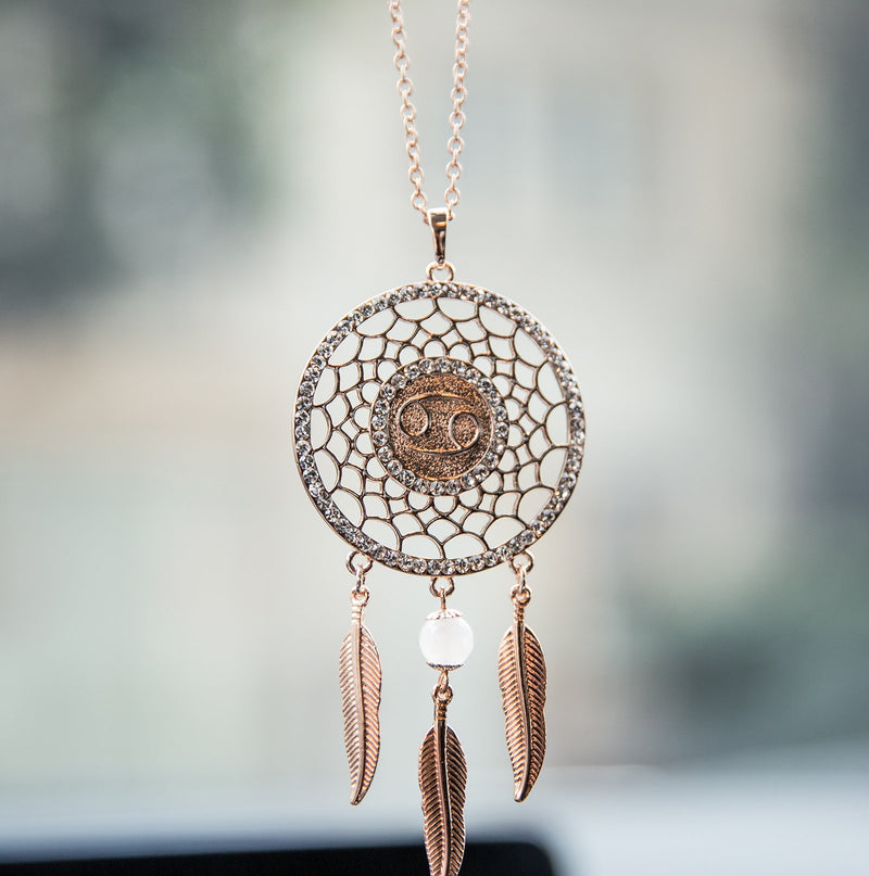 NewNest Australia - Boltz Mini Zodiac Cancer Sign Dream Catcher Car Charm Rear View Mirror Accessories, Boho Dangling Feather Tassel Bead Pendant Constellation Ornament Wall Hanging Home Decoration (Cancer-2) 