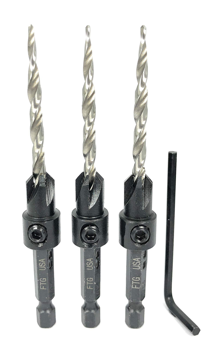 FTG USA 3 Pcs Same Size #8 (11/64") Adjustable Wood Countersink Drill Bit Set with Woodworking Tapered HSS Bits and Hex Wrench (1/8" Allen Key) - NewNest Australia