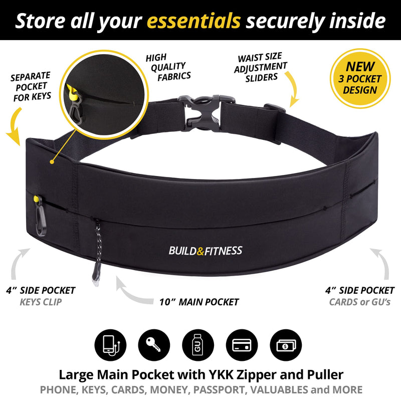 Build & Fitness Zipper Running Belt – Adjustable Waist Pack, Slim, Comfortable with Key Clip – Fits all Phone models, Keys, Cards, Fuel GU's – Fits Men and Women – Run, Jog, Gym workout, Cycle, Hiking Black - NewNest Australia