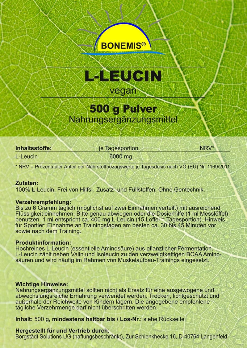Bonemis® L-Leucine (amino acid), vegan, 1 kg (2 bags of 500 g each), premium quality without additives - NewNest Australia