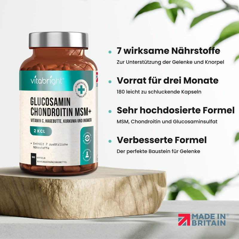 Glucosamine Chondroitin MSM Capsules High Dose - With Turmeric, Vitamin C, Ginger & Rose Hip - 180 Capsules Glucosamine Chondroitin High Dose - Premium Joint Capsules - Made in UK by VitaBright - NewNest Australia