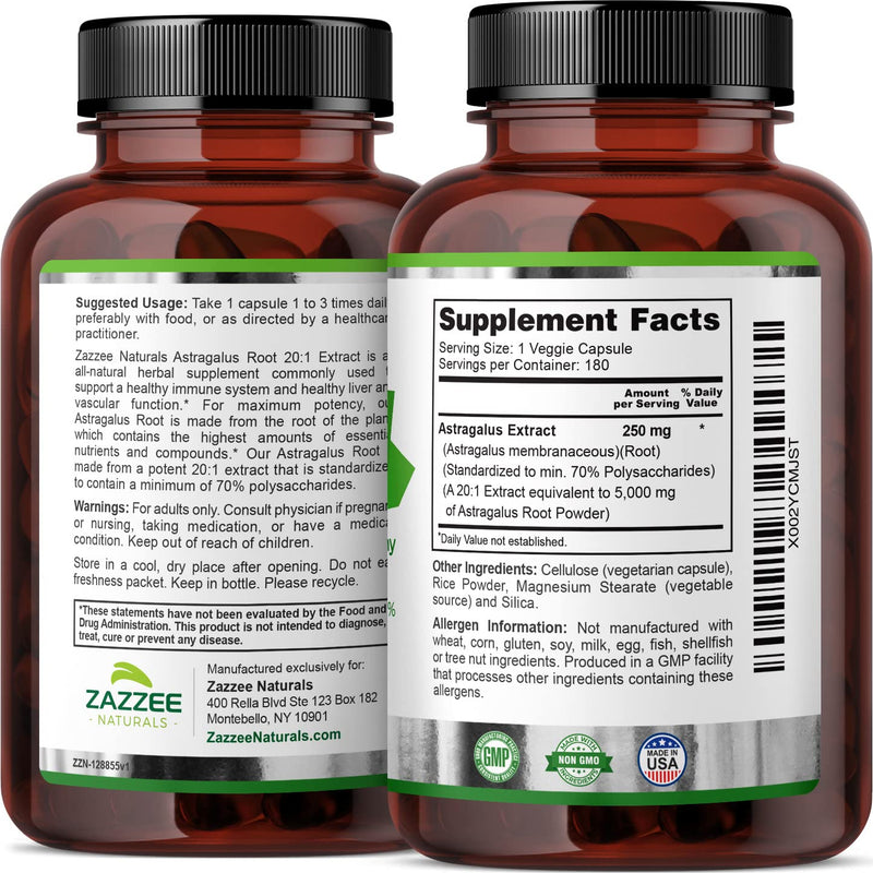 Zazzee Extra Strength Astragalus Root 20:1 Extract, 5000 mg Strength, 180 Vegan Capsules, 70% Polysaccharides, 6 Month Supply, Non-GMO and All-Natural - NewNest Australia