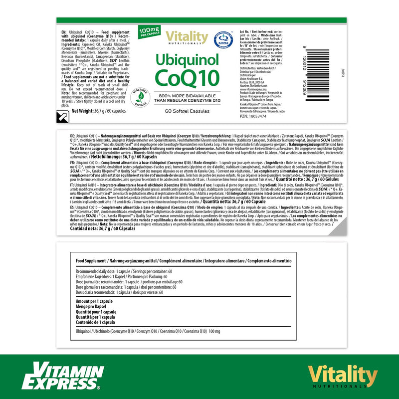 Q10 capsules high dose Ubiquinol CoQ10 100mg. Highest bioavailability Coenzyme Q10, 60 capsules. Energy, antioxidants, anti-aging. Vitality Nutritionals by Vitaminexpress - NewNest Australia