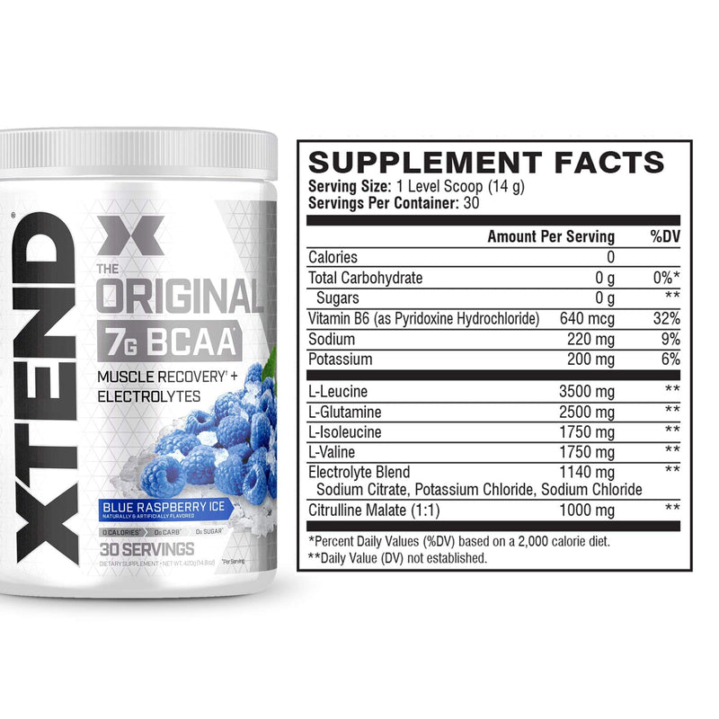 XTEND Original BCAA Powder Blue Raspberry Ice - Sugar Free Post Workout Muscle Recovery Drink with Amino Acids - 7g BCAAs for Men & Women - 30 Servings 30 Servings (Pack of 1) - NewNest Australia