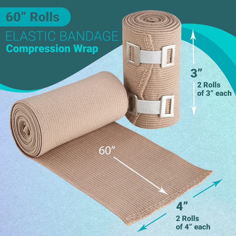Elastic Compression Bandage - Premium Quality (Set Of 4) With Hooks, Sports Band Rollers For Ankle Wrist Bandages Measurements (2) - 4" X 5Ft (2) - 3" X 5Ft (5Ft) - NewNest Australia