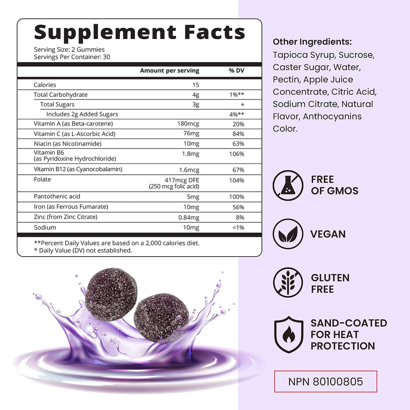 Iron Gummies Supplement with Vitamin C, A, Vitamins B Complex, Folate, Multivitamins for Women, Kids & Adults - Supports Energy, No After Taste, Vegan Supplements - Grape Flavor (60 Ct) 1 - NewNest Australia