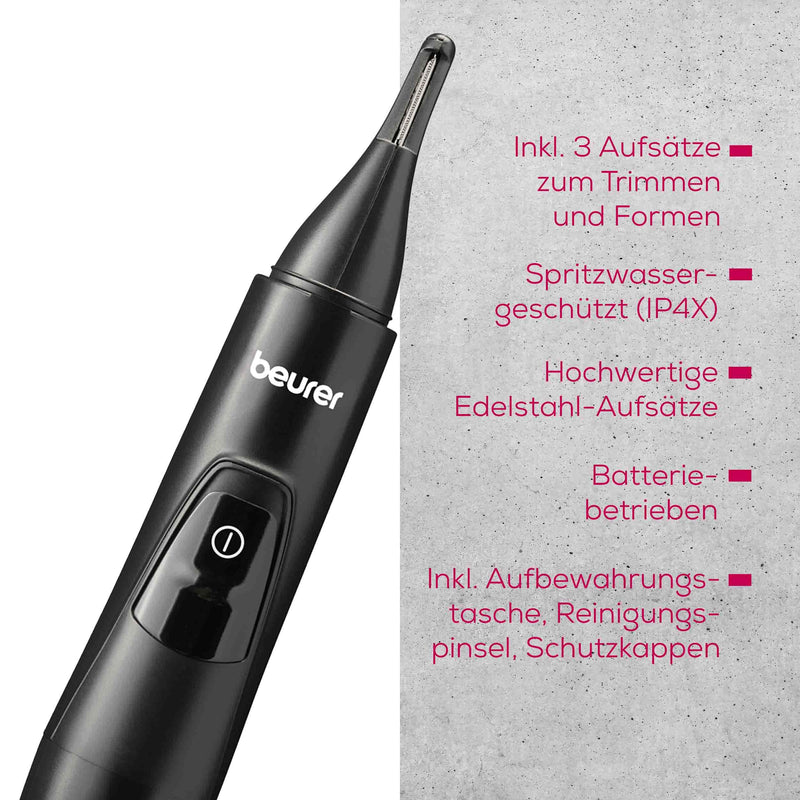 Beurer MN2X precision trimmer, for trimming and shaping eyes, nose and ear hair, 3 high-quality stainless steel attachments, waterproof, battery operated - NewNest Australia