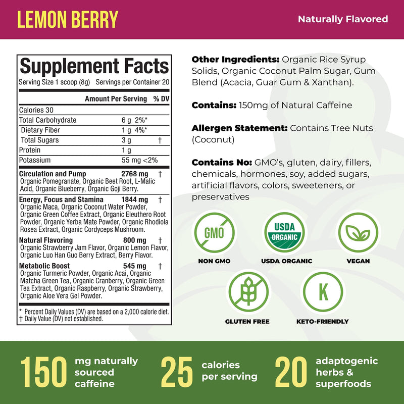 Organic Muscle Pre-Workout Powder for Men and Women - Certified USDA Organic, Keto & Vegan with Superfood for Energy, Focus, Performance & Endurance - Lemon Berry (20 Servings, 5.64 Oz) Lemon Berry Pre-Workout - NewNest Australia