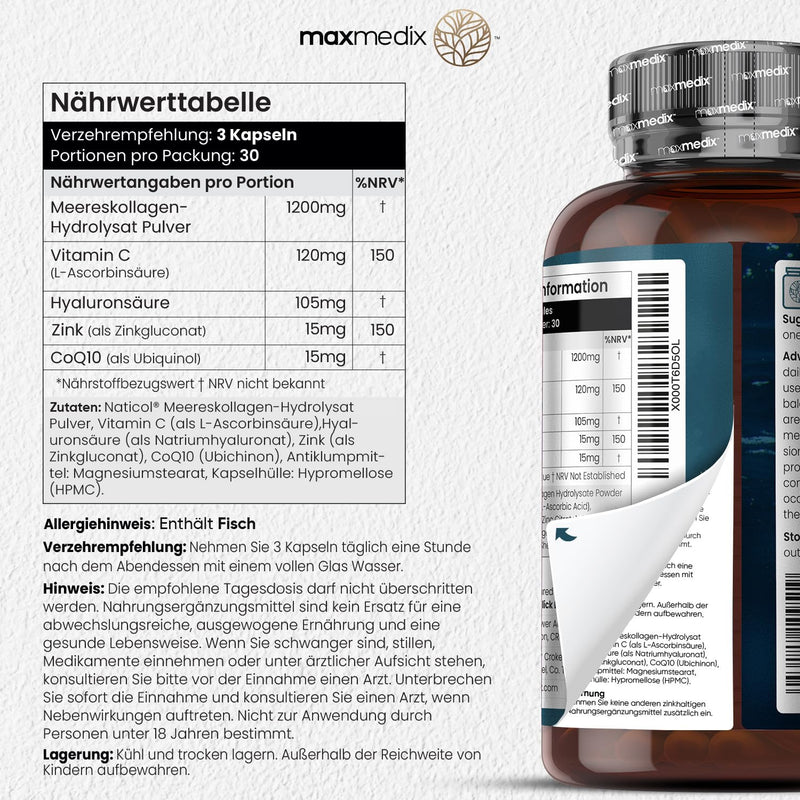 Maxmedix Collagen Hyaluronic Acid Capsules - 90 Capsules - 1200 Mg Naticol Sea Collagen Hydrolysate Powder With Vitamin C, Coenzyme Q10 (Coq10) & Zinc - Laboratory Tested In Germany - Collagen Complex - NewNest Australia