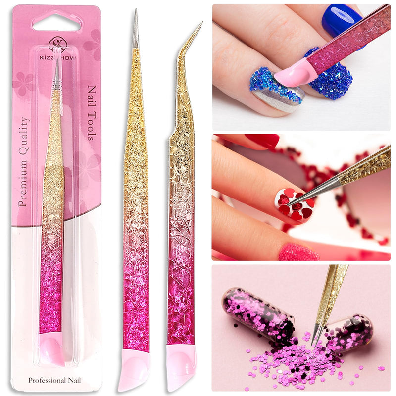 Ouligay 2 X Double Ended Nail Art Tweezers For Women Stainless Steel Tweezers Straight Curved Tip Tweezers With Silicone Pressing Head For Nail Craft Rhinestone Sticker Jewel Gemstone Picker Tool - NewNest Australia