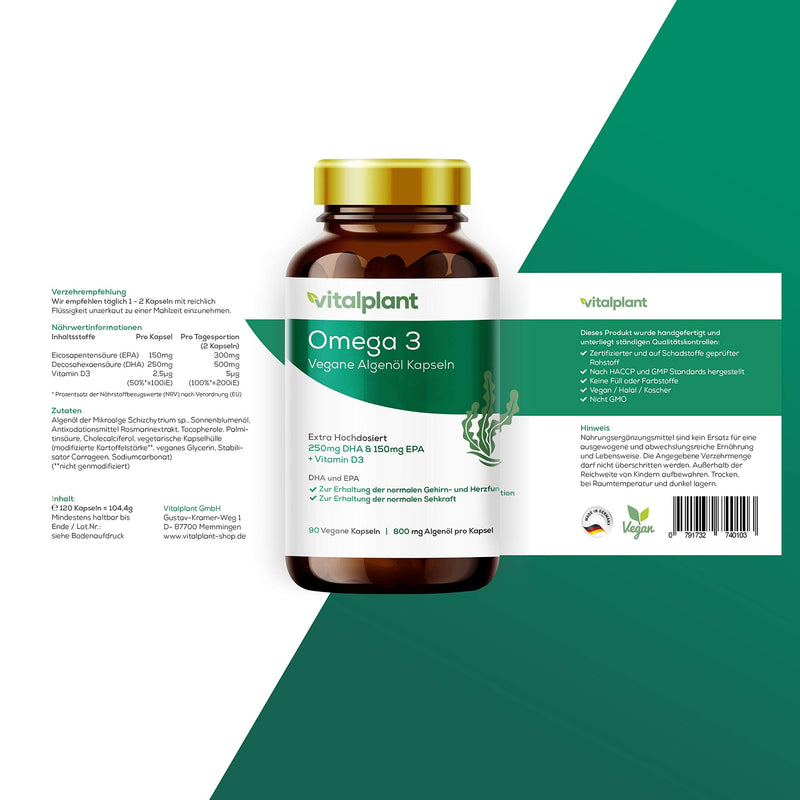 Vitalplant Omega 3 Vegan | 250Mg Dha + 150Mg Epa Per Capsule | 90 Capsules Of High-Dose Omega 3 Fatty Acids From Algae Oil | + Vitamin D3 | Herbal Alternative To Fish Oil Capsules - NewNest Australia