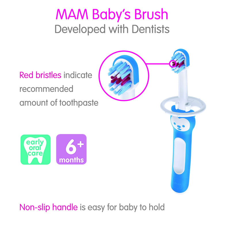 MAM Baby Toothbrushes (2 Baby's Brushes and 1 Safety Shield), Toothbrushes with Brushy the Bear Character, Interactive App, For Boys 6+ Months, Blue - NewNest Australia