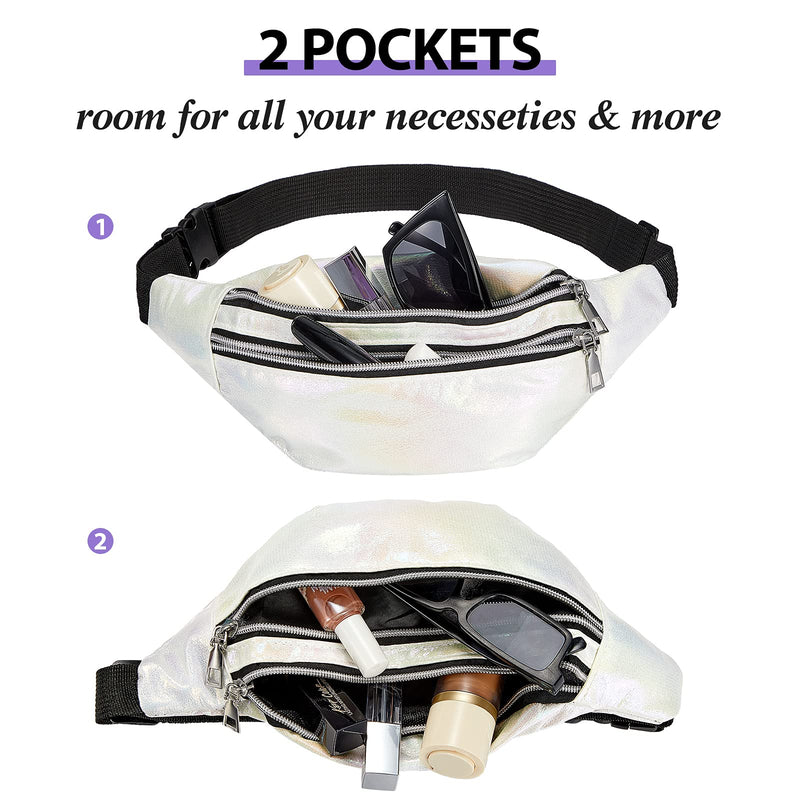 3 Pieces Holographic Fanny Pack for Women Men Kids, Metallic Color Sport Waistbag with Pouches and Adjustable Belt, Hologram PU Waist Pack for Traveling, Running, Partying (White, Pink, Purple) White, Pink, Purple - NewNest Australia