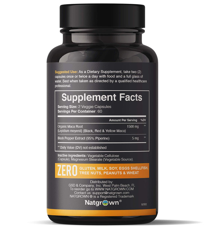 Organic Maca Root Powder Capsules 1500 mg with Black + Red + Yellow Peruvian Maca Root Extract Supplement for Men and Women - Vegan Pills - NewNest Australia