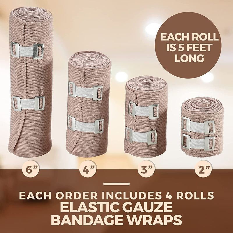 MEDca Elastic Compression Bandage Wrap - First Aid Bandages Roll Measures 2", 3", 4", 6" x 5 Ft with 4 Extra Hooks | Athletic Sports Stretch Wraps for Ankle, Wrist, Arm & Leg Sprains (Pack of 4) - NewNest Australia