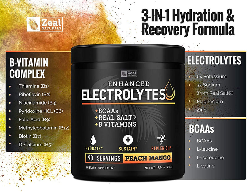 Electrolyte Powder Recovery Drink (90 Servings | Peach Mango) w Real Salt +BCAAs +B-Vitamins Sugar Free Electrolyte Supplement w Potassium Zinc & Magnesium for Hydration - Keto Electrolytes - NewNest Australia