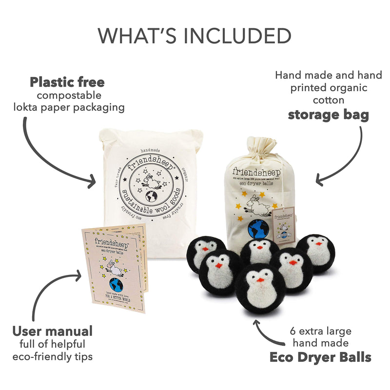 Friendsheep Wool Dryer Balls, Organic Fair Trade Reusable Fabric Softener, Extra Large, 6 Pack, Black Penguin - Cool Friends - NewNest Australia