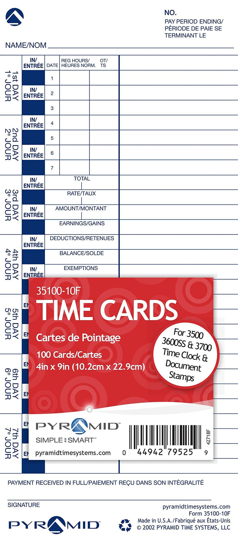 Pyramid English/French Genuine Time Cards for 3500, 3550SS, 3600SS and 3700 Clocks, 35100-10F (Pack of 100) - NewNest Australia