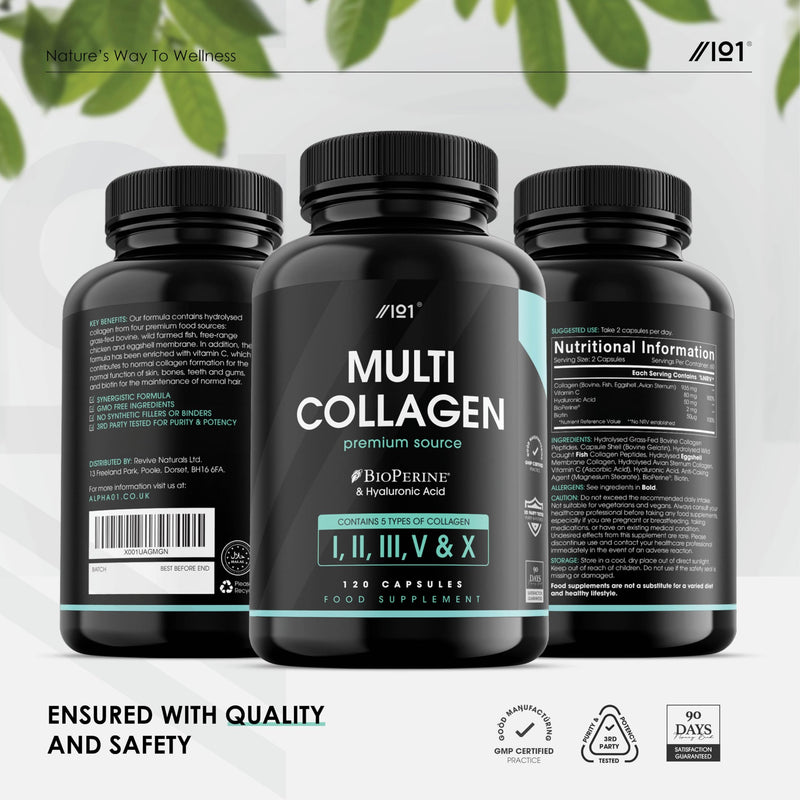 Collagen Complex Capsules - 5 Types Of Collagen From Food - Hydrolyzed Grass-Fed Beef, Wild-Caught Seafood And Free-Range Chicken, Hyaluronic Acid And Bioperine, 120 Pieces (1 Pack) 1 Pack - NewNest Australia